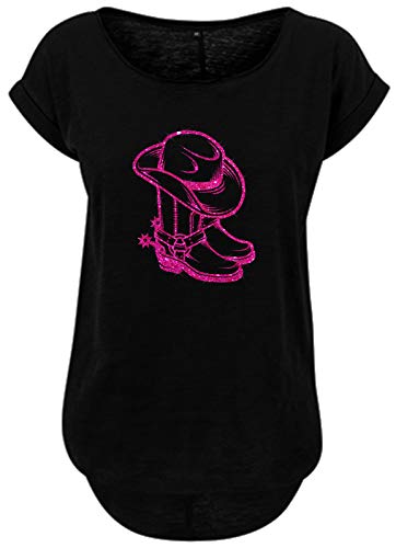 BlingelingShirts Damen Fun Shirt Line Dance glitzernder Cowboystiefel und Hut in pink Glitzer Line Dancing Westernshirt. schwarz. Gr. XL Evi von BLINGELING