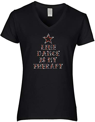 BlingelingShirts Damen Fun Shirt Line Dance is My Therapy mit Stern kristall und rot Glitzer westernshirt line Dancing Strass. schwarz. Gr. 2XL PR von BLINGELING