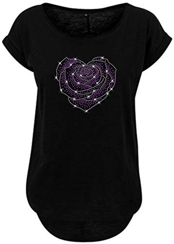 BlingelingShirts Damen Fun Shirt Rosenherz kristall und lila Rose im Herz Rosenmotiv. schwarz. Gr. L Evi von BLINGELING