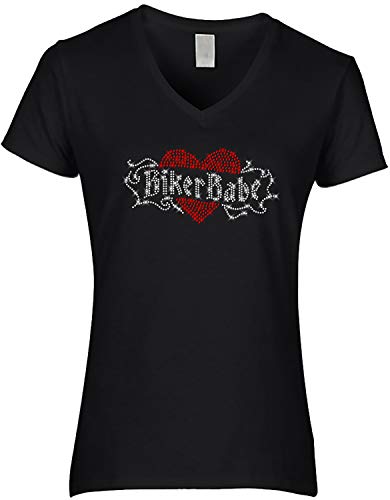 BlingelingShirts Damen Fun Shirt Sprüche Motorrad Biker im Herz Glitzer kristall und rot Bikerin Strass Strass. schwarz. Gr. S PR von BLINGELING