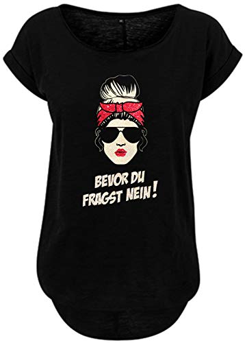 BlingelingShirts Damen Fun Shirt Sprüche sexy Girl mit Bandana Bevor Du fragst Nein Glitzer Champ./ rot. schwarz. Gr. L Evi von BLINGELING