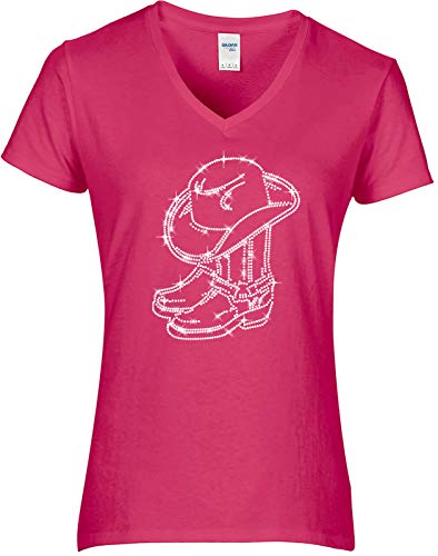 BlingelingShirts Damen Fun Shirt Strass Cowboystiefel mit Cowboyhut kristall Line Dance. pink. Gr. XL von BLINGELING