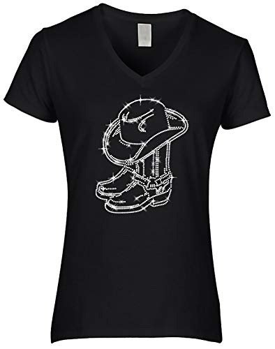 BlingelingShirts Damen Fun Shirt Strass Cowboystiefel mit Cowboyhut kristall Line Dance. schwarz. Gr. L von BLINGELING