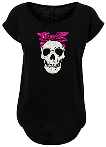 BlingelingShirts Damen Fun Shirt Totenkopf mit Bandana Glitzer Silber und Pink Fun Shirt Girlie Cute Skull Bandana. schwarz. Gr. L Evi von BLINGELING