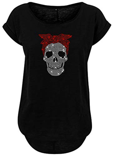 BlingelingShirts Damen Fun Shirt Totenkopf mit Bandana rot kristall Fun Shirt Girlie Cute Skull Bandana. schwarz. Gr. XL Evi von BLINGELING