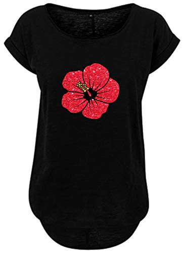 BlingelingShirts Damen Fun Shirt große Blüte Hibiskus rote Hibiskusblüte Glitzer Blume. schwarz. Gr. XXL Evi von BLINGELING