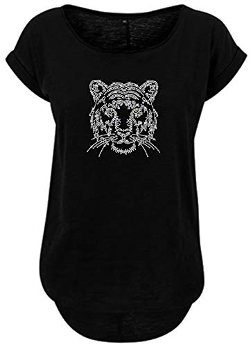 BlingelingShirts Damen Fun Shirt großer Tigerkopf in kristall Tiger Glitzer. schwarz. Gr. XS Evi von BLINGELING