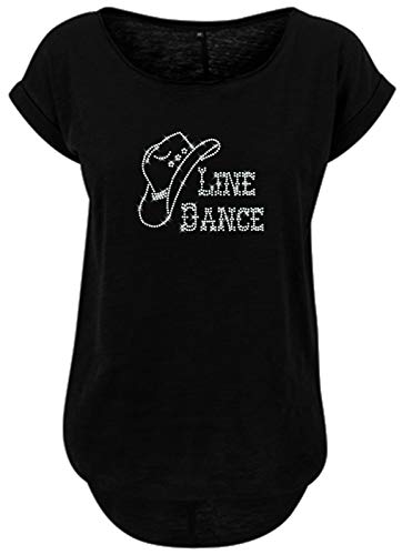 BlingelingShirts Damen Fun Shirt mit Line Dance Schriftzug mit Cowboyhut Regenbogen Strass Westernshirt Line Dancing. schwarz. Gr. S Evi von BLINGELING