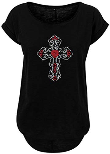 BlingelingShirts Damen Shirt Übergröße großes Kreuz mit rotem Herz Gothic Cross kristall und rot. schwarz. Gr. 5XL Evi von BLINGELING