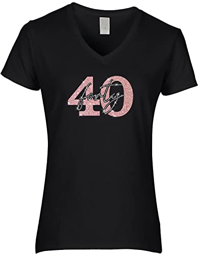 BlingelingShirts Fun Shirt 40. Geburtstag Damen 40 Strass und Glitzer Rosegold Forty Birthday Women Strass, schwarz, Gr. S PR von BLINGELING