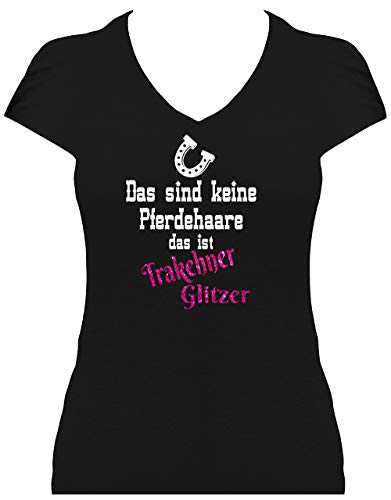 BlingelingShirts Fun Shirt Pferd Damen Das sind Keine Pferdehaare das ist Trakehner Glitzer Pferde Shirt. T-Shirt schwarz. Grösse S. Druck Weiss und pink GL von BLINGELING