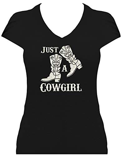 BlingelingShirts Glitzer Shirt Damen Line Dance Just a Cowgirl with Boots Druck Weiss. T-Shirt. Grösse XL. schwarz von BLINGELING
