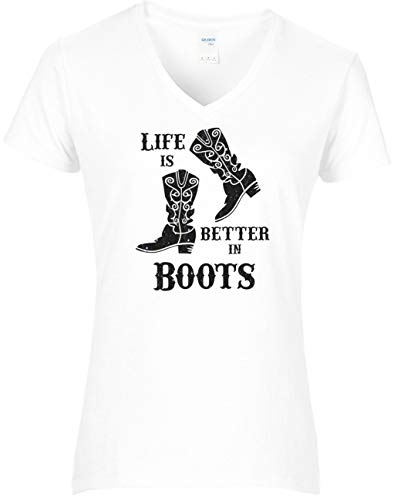 BlingelingShirts Glitzer Shirt Damen Line Dance Life is Better in Boots. T-Shirt. Grösse L. Weiss von BLINGELING