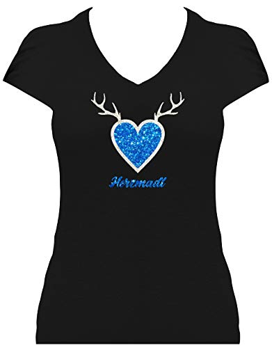 BlingelingShirts Glitzer Shirt Oktoberfest Damen Herzmadl Schriftzug mit Herz und Geweih. T-Shirt schwarz. Grösse M. Druck blau und Silber GL von BLINGELING