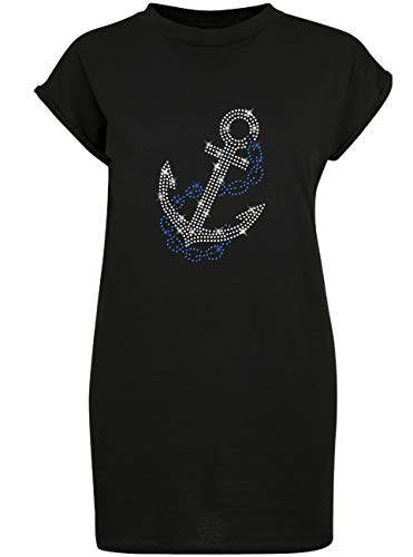 BlingelingShirts Longshirt Damen Shirtkleid Anker kristall und blau zweifarbig Strass Anchor Shirt Hafen Seefahrt Boot Segeln. schwarz. Gr. XXXXXL KLD von BLINGELING