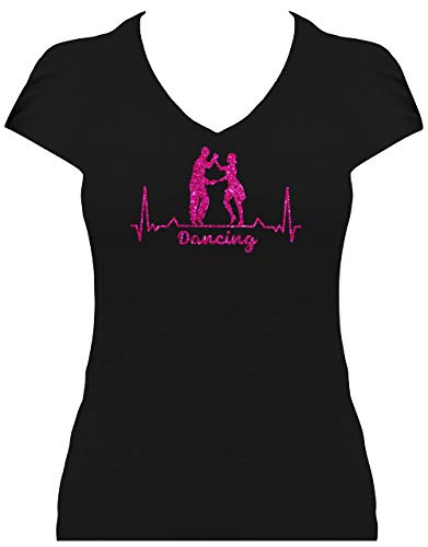 BlingelingShirts Shirt Damen Glitzer Dancing mit Herz Herzschlag Love Dance Heartbeat Tanzpaar. T-Shirt. Grösse L. schwarz Druck pink GL von BLINGELING