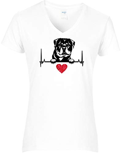 BlingelingShirts Shirt Damen Glitzer I Love My Rottweiler 3 Herzschlag Rottweiler 3 mit rotem Herz Herzlinie. Grösse S. Shirt weiß. Druck schwarz und rot GL von BLINGELING