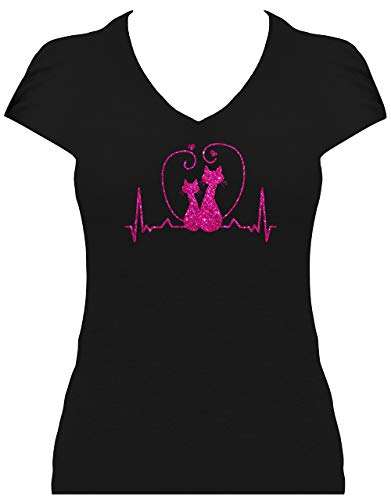 BlingelingShirts Shirt Damen Glitzer Katzen mit Herz Heartbeat Herzschlag Love Cats Katze. T-Shirt. Grösse L. schwarz Druck pink GL von BLINGELING