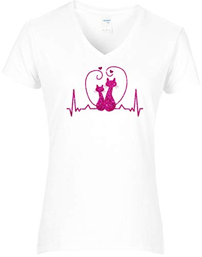 BlingelingShirts Shirt Damen Glitzer Katzen mit Herz Heartbeat Herzschlag Love Cats Katze. T-Shirt. Grösse M. Weiss Druck pink GL von BLINGELING