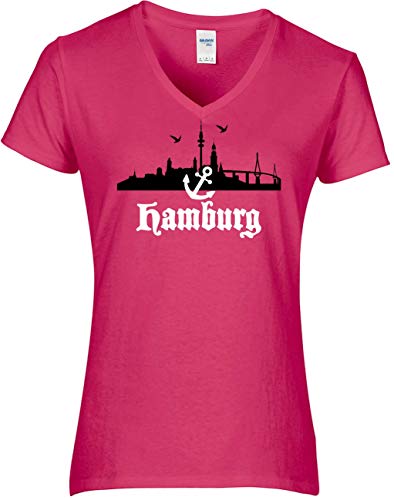 BlingelingShirts Shirt Damen Hamburg Skyline mit Anker Hamburgshirt. T-Shirt. Grösse M. pink von BLINGELING