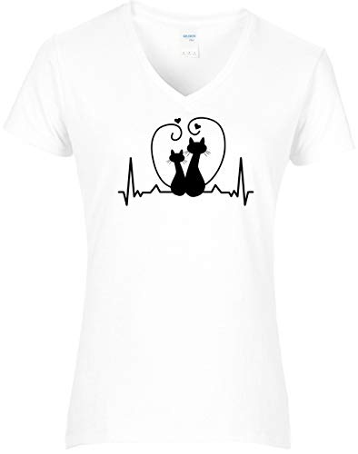 BlingelingShirts Shirt Damen Katzen mit Herz Heartbeat Herzschlag Love Cats Katze. T-Shirt. Grösse M. Weiss Druck schwarz von BLINGELING