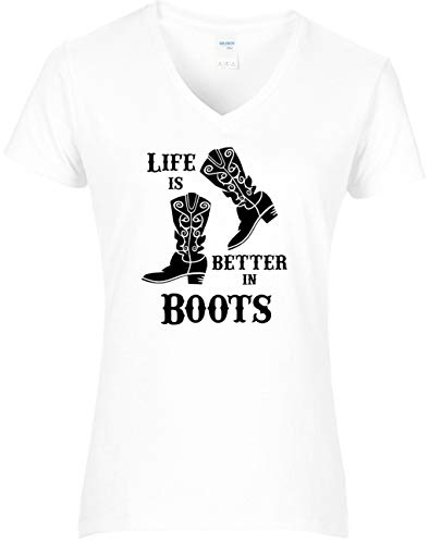 BlingelingShirts Shirt Damen Line Dance Life is Better in Boots Druck schwarz. T-Shirt. Grösse XXL. Weiss von BLINGELING