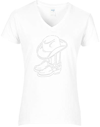 Damen Fun Shirt Cowboystiefel mit Cowboyhut kristall Line Dance. weiß. Gr. XXL von BLINGELING