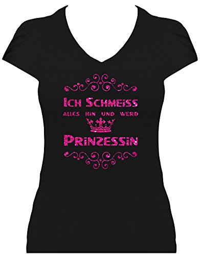 Elegantes Damen Premium Shirt Ich schmeiss Alles hin und werd Prinzessin mit Krone. T-Shirt. Grösse M. Druck pink Glitzer von BLINGELING