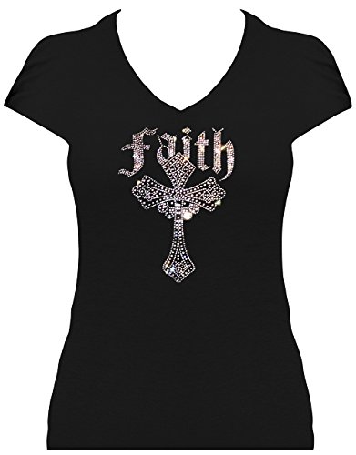 Elegantes Shirt Damen Faith kristall mit Kreuz Gothic Strass Shirt. T-Shirt. Grösse XXL. schwarz von BLINGELING