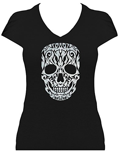 Fun Shirt Premium Damen Skull grosser Totenkopf Tattoo Design Glitzeraufdruck. T-Shirt. Grösse XXL. Druck Silber Glitzer von BLINGELING