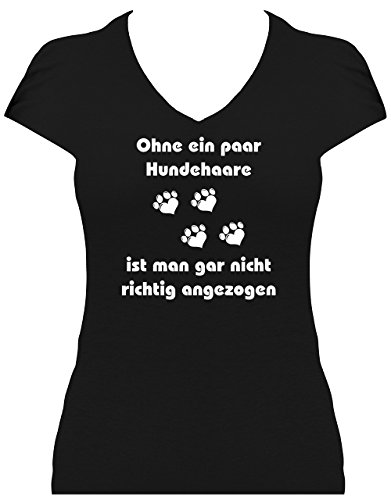 Fun Shirt Premium Sprüche Damen Hund - Ohne EIN Paar Hundehaare ist Man gar Nicht richtig angezogen mit Pfötchen. T-Shirt. Grösse S. Druck weiß von BLINGELING