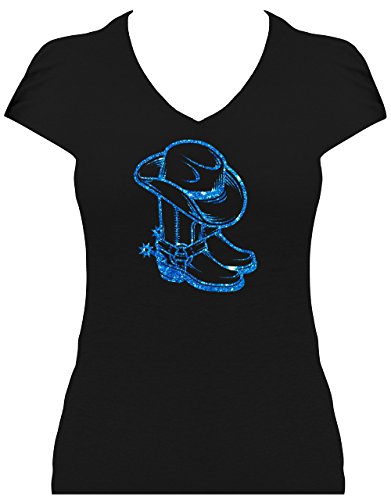 Premium Western Shirt Damen Cowboystiefel mit Cowboyhut Line Dance Shirt mit Glitzeraufdruck. T-Shirt. Grösse M. Druck grün Glitzer von BLINGELING