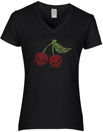 Totenkopf Damen Shirt Kirschen Glitzer Strass Rot und Grün von BLINGELING