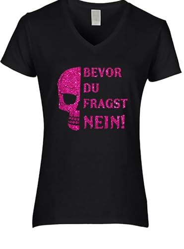 Totenkopf Damen Shirt Pink Glitzer Spruch Bevor Du Fragst Nein von BLINGELING