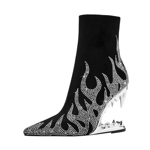 BLINMEE Damen Spitze High Heels Strass Booties, Silberfarben, 38 EU von BLINMEE