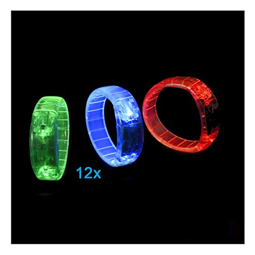 BLINXS 12er Set LED Panzer Armbänder/Leuchtarmbänder im 3 Farb-Mix (rot, grün und blau leuchtend) - für Party, Disko oder Festival mit austauschbaren Batterien von BLINXS