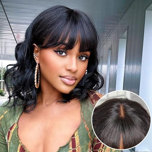 BLISSHAIR Kurze Bob Loose Wave Echthaar Perücke mit Pony Lockiges Haar Lace Front Perücke Brasilianisches Reines Echthaar Glueless Perücken für Frauen Short Wave Wig 14 Zoll von BLISSHAIR