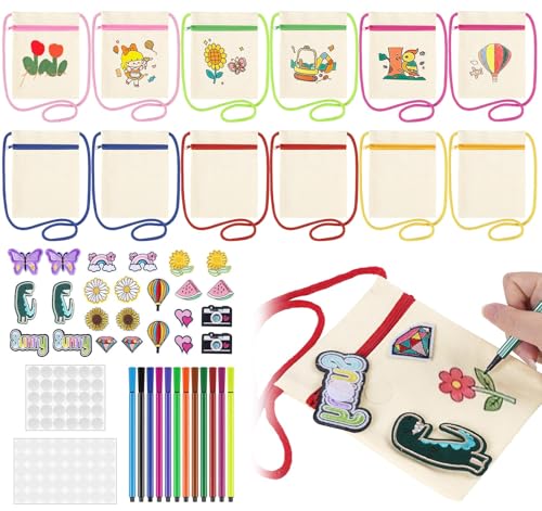 BLISSIQUEE Stoffbeutel zum Malen, 6er-Pack, 12 Leinentaschen und 12 farbige Stoffstifte, permanent für Kleidung, Baumwoll-Tragetasche zum Dekorieren für Malerei, Handwerk, Handy-Tasche für Damen von BLISSIQUEE