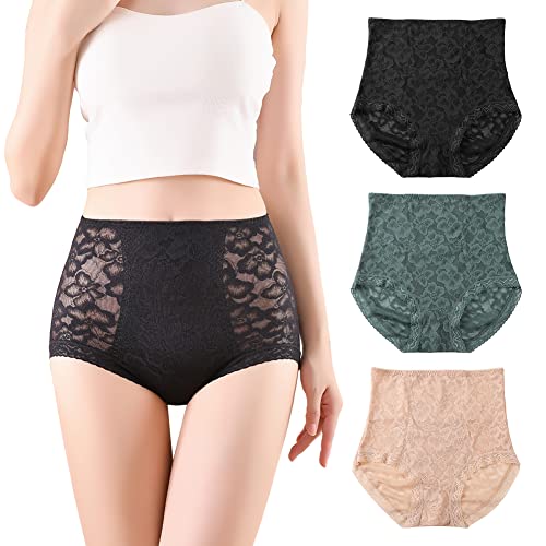 BLKDOTS Damen Komfort High Waisted Spitze Shapewear Slips, Bauch, Taille & hinten Feste Kontrolle Unterwäsche für Damen, Spitze Gürtel Höschen No Show, 3er Pack von BLKDOTS