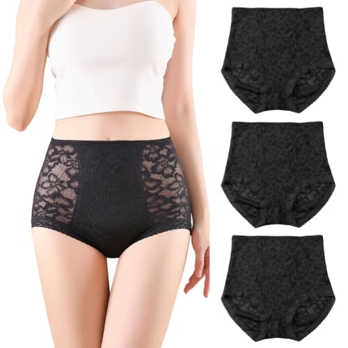 BLKDOTS Damen Komfort High Waisted Spitze Shapewear Slips, Bauch, Taille & hinten Feste Kontrolle Unterwäsche für Damen, Spitze Gürtel Höschen No Show, 3er Pack von BLKDOTS