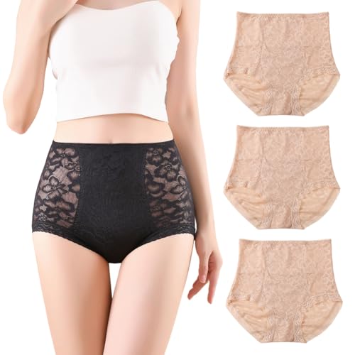 BLKDOTS Damen Komfort High Waisted Spitze Shapewear Slips, Bauch, Taille & hinten Feste Kontrolle Unterwäsche für Damen, Spitze Gürtel Höschen No Show, 3er Pack von BLKDOTS