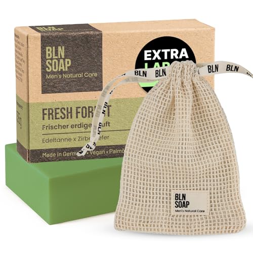 Feste Seife Männer + Baumwoll-Seifensäckchen: 3-in-1 Männerseife + Seifenbeutel für Aufbewahrung & Peeling – Seifenstück Nachhaltig & Vegan, Natürliche Duschseife für Hand, Körper & Haare, BLN SOAP von BLN SOAP