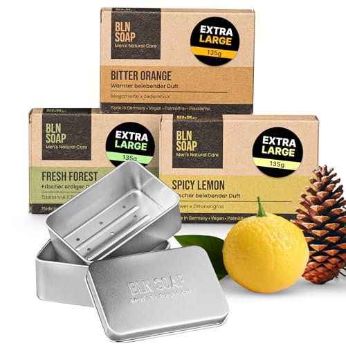 Männerseife-Set: 3 natürliche feste Seifen für Männer + Seifendose aus Aluminium – 3-in-1 Duschseife für Hand, Körper & Haare für Herren – Vegan, ohne Plastik – Seifenbox & 3 x 135 g Seife - BLN SOAP von BLN SOAP
