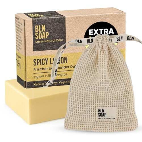 Feste Seife Männer + Baumwoll-Seifensäckchen: 3-in-1 Männerseife + Seifenbeutel für Aufbewahrung & Peeling – Seifenstück Nachhaltig & Vegan, Natürliche Duschseife für Hand, Körper & Haare, BLN SOAP von BLN SOAP