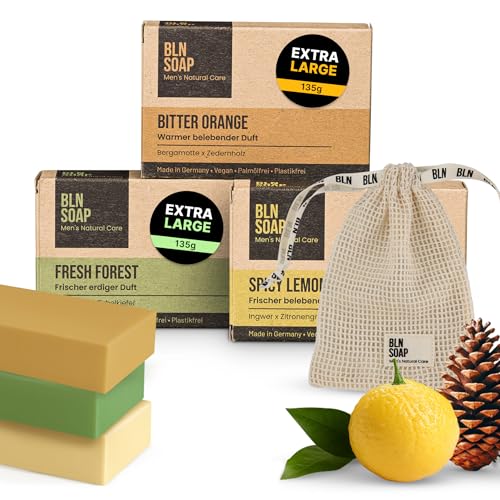 Feste Seifen für Männer (3 x 135 g) + Baumwoll-Seifensäckchen: 3-in-1 natürliche Männerseifen + Seifenbeutel für Aufbewahrung & Peeling – Vegan, Herren Duschseife für Hand, Körper & Haare, BLN SOAP von BLN SOAP