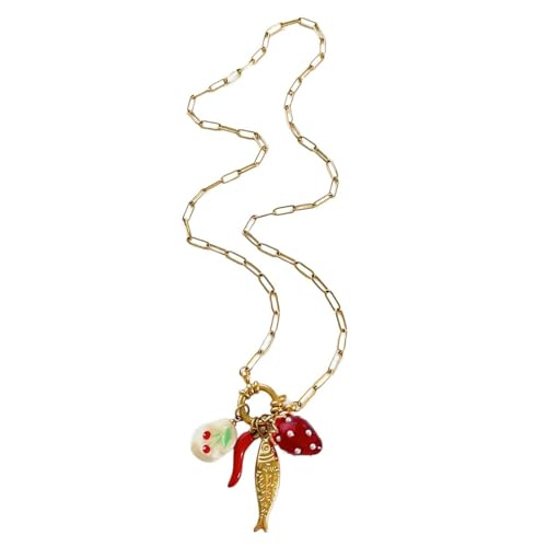 BLNGET Halskette mit mehreren Anhängern und Fisch-Erdbeer-Chili-Charm, Edelstahlkette für Damen, Modeschmuck von BLNGET