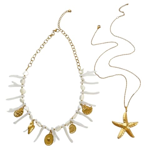 BLNGET Stapelbare Halskette mit Seesternen, Korallenmuschelperlen, verstellbar, mehrsträngiges Design für Damen von BLNGET