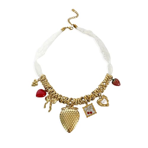 Elegante Halskette mit mehreren Schlaufen, mit Erdbeerfrucht-Schleife, Charm-Anhänger, leichter Schmuck für Damen von BLNGET