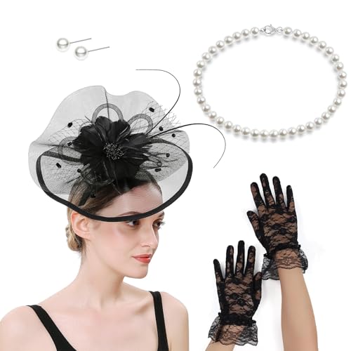 Französischer Fascinator-Hut mit Halskette, Handschuhen und Ohrsteckern, Kostüm-Set für Pferderennen und Halloween-Partys von BLNGET