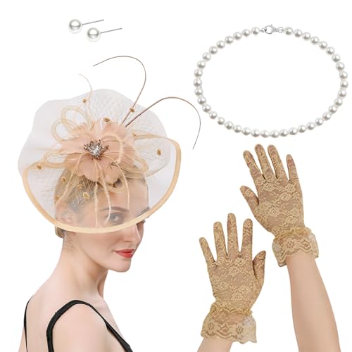 Französischer Fascinator-Hut mit Halskette, Handschuhen und Ohrsteckern, Kostüm-Set für Pferderennen und Halloween-Partys von BLNGET